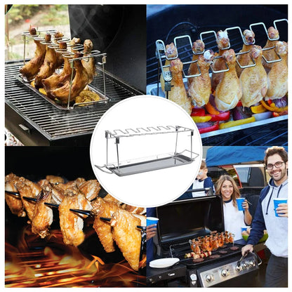 BBQ Chicken Leg Rack 14 Slot Stainless Steel Grill Stand with Drip Pan