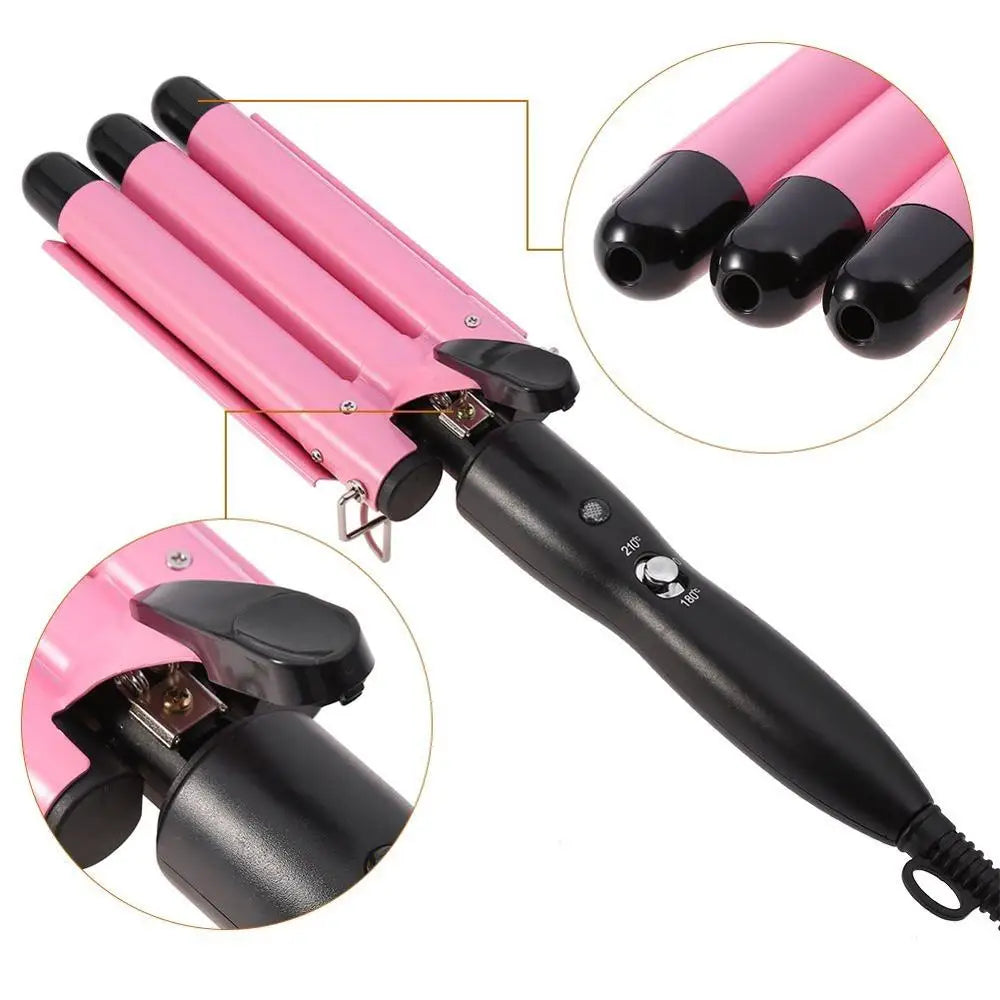 Triple Barrel Hair Waver Ceramic Curling Iron 170-220°C Adjustable Heat
