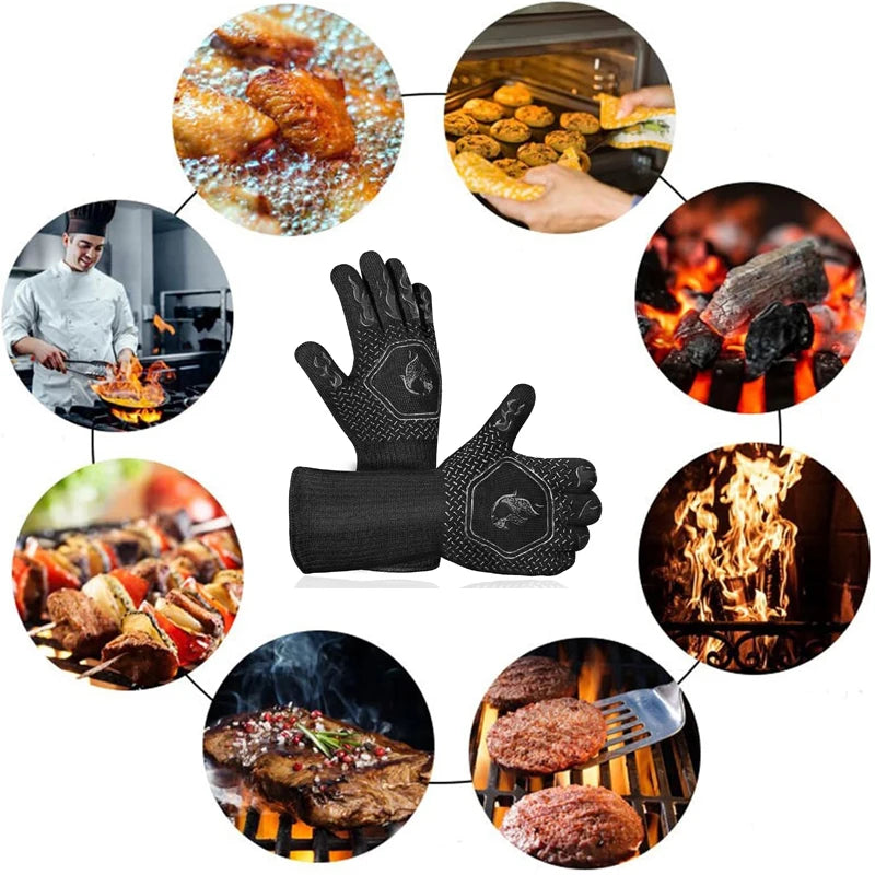 Heat Resistant BBQ Gloves Silicone Oven Mitts 800°C Fireproof Cooking