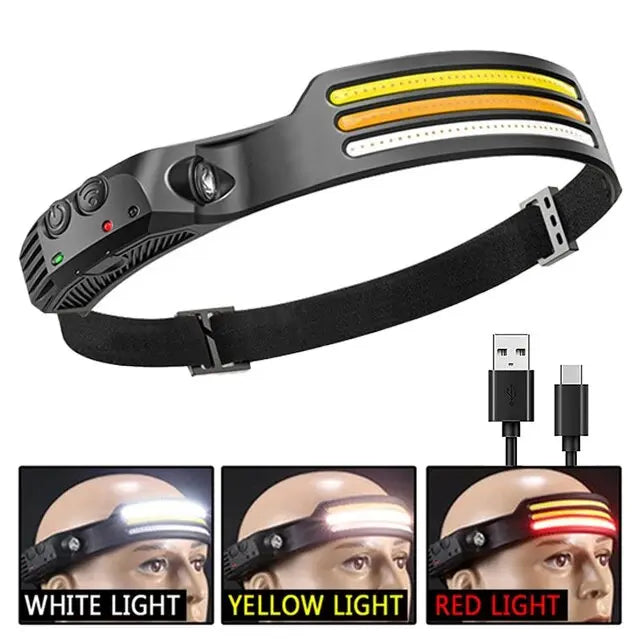COB LED Headlamp Rechargeable Motion Sensor 230° Wide Beam Torch Light