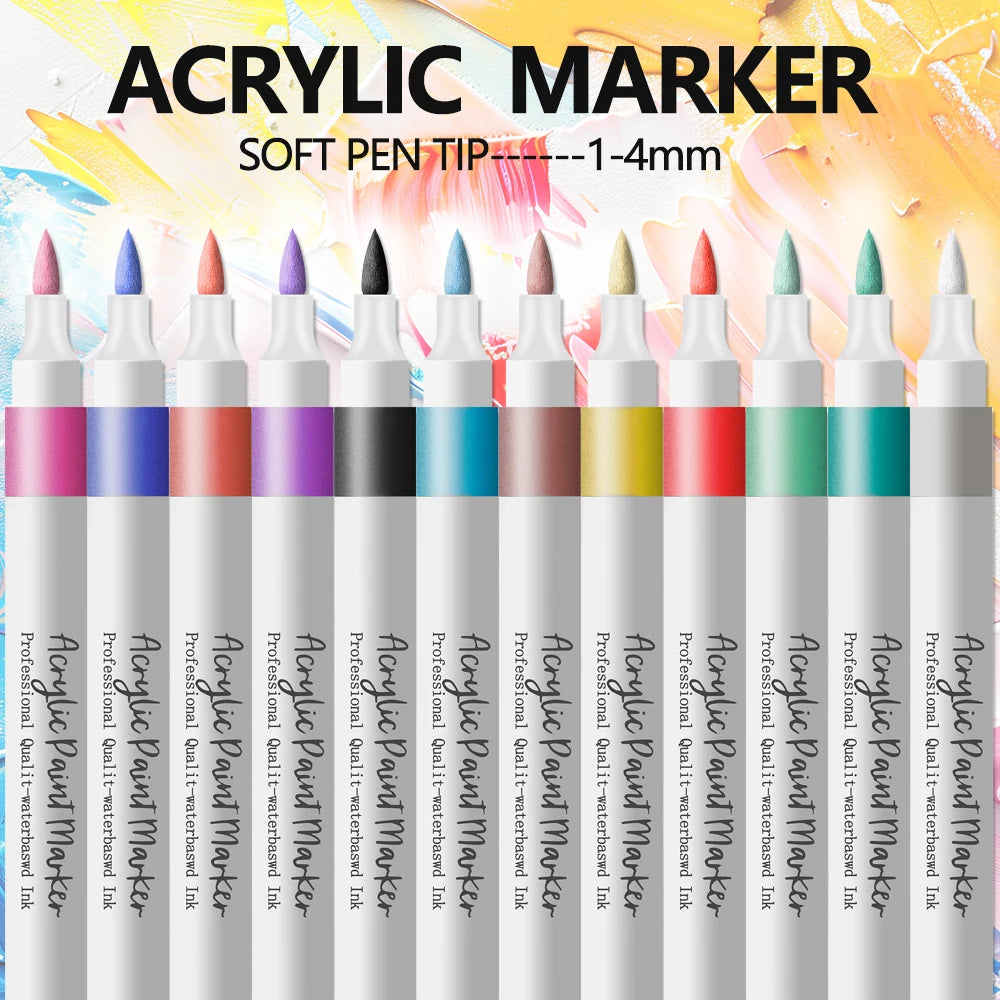 Acrylic Marker Pens 12/24 Colours Soft Tip Waterproof Art Graffiti Set