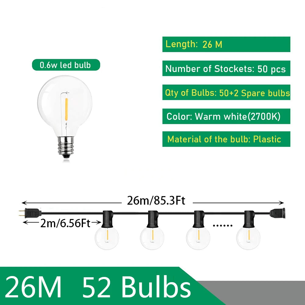 Outdoor LED String Lights G40 Globe 9M 14M 26M Warm White Waterproof