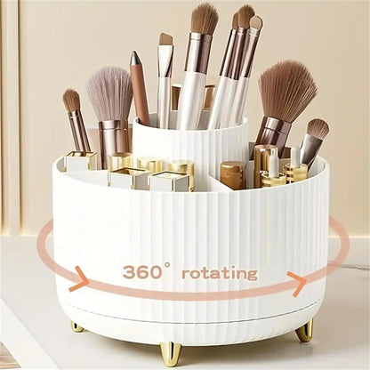 360° Rotating Makeup Organiser - 5 Compartment Plastic Cosmetic & Brush Storage
