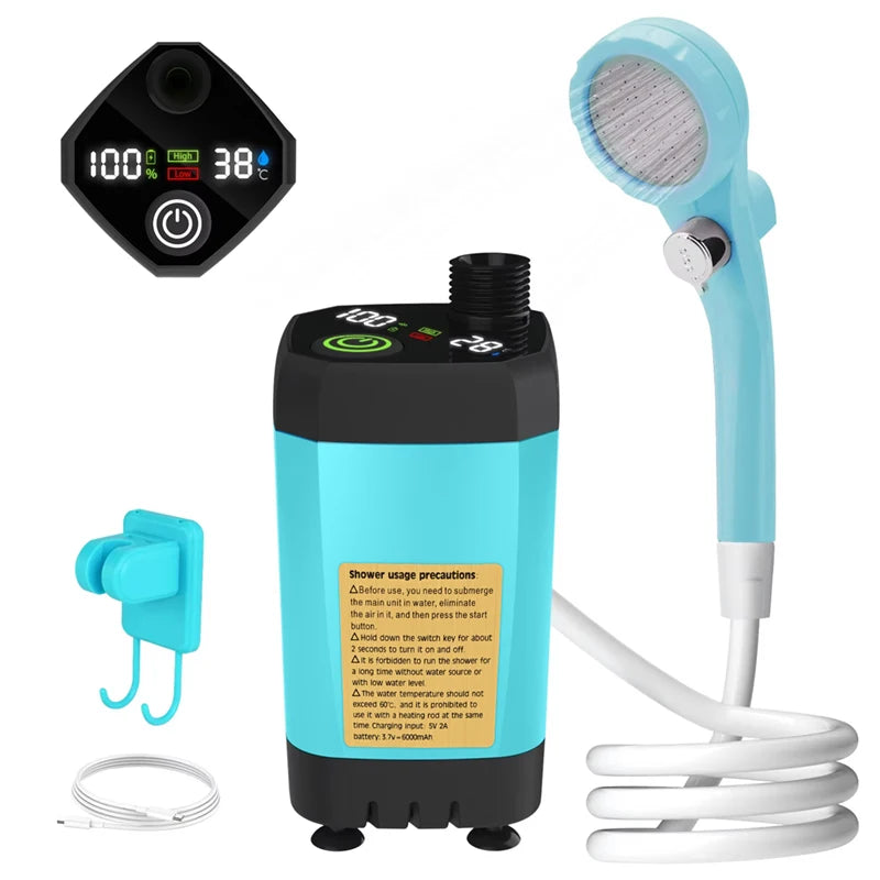 Portable Camping Shower Pump with Digital Display | 6000mAh Battery, Adjustable Flow