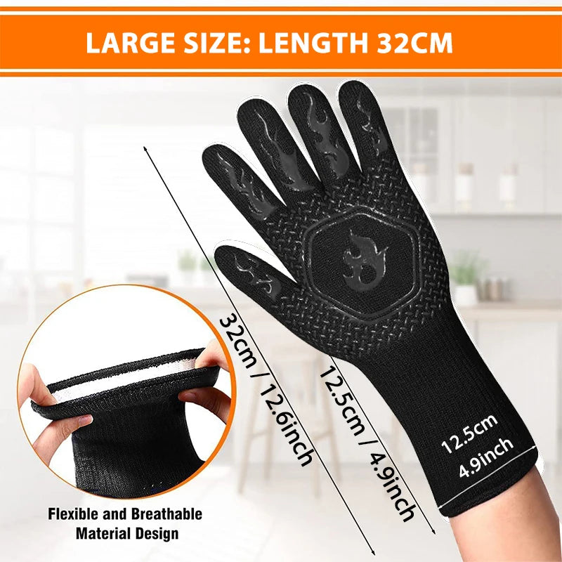 Heat Resistant BBQ Gloves Silicone Oven Mitts 800°C Fireproof Cooking