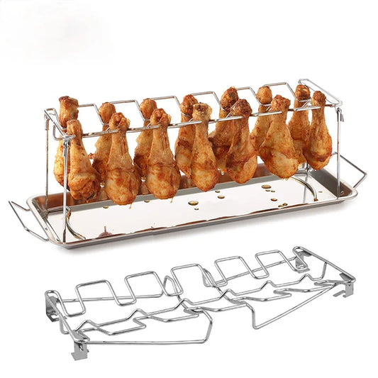 BBQ Chicken Leg Rack 14 Slot Stainless Steel Grill Stand with Drip Pan