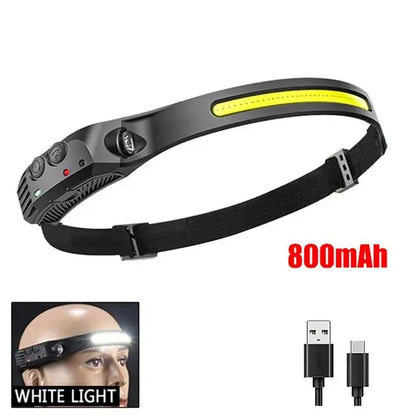 COB LED Headlamp Rechargeable Motion Sensor 230° Wide Beam Torch Light
