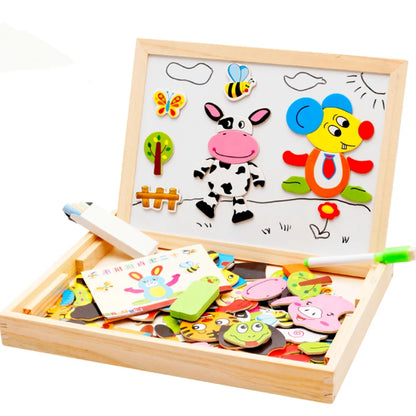 Wooden Magnetic Drawing Board Puzzle 100+ Cards Educational Toy Kids 3+