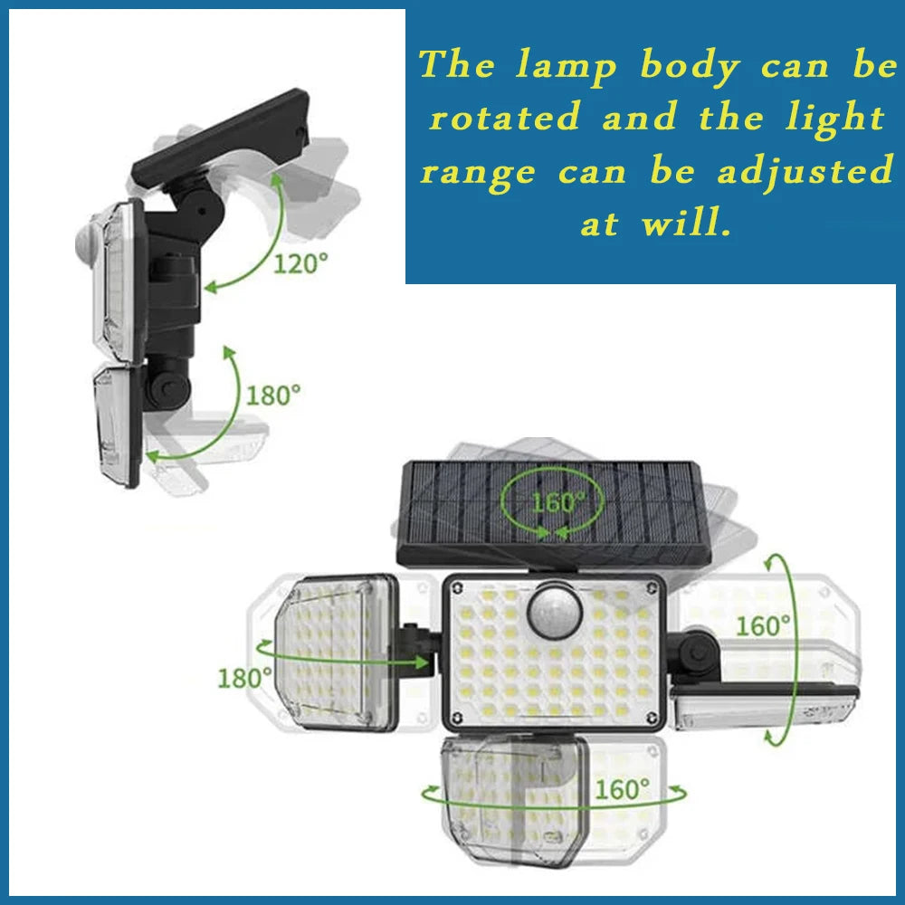 Solar Motion Sensor Light 122 LED 4-Head 3000LM Outdoor Flood Security