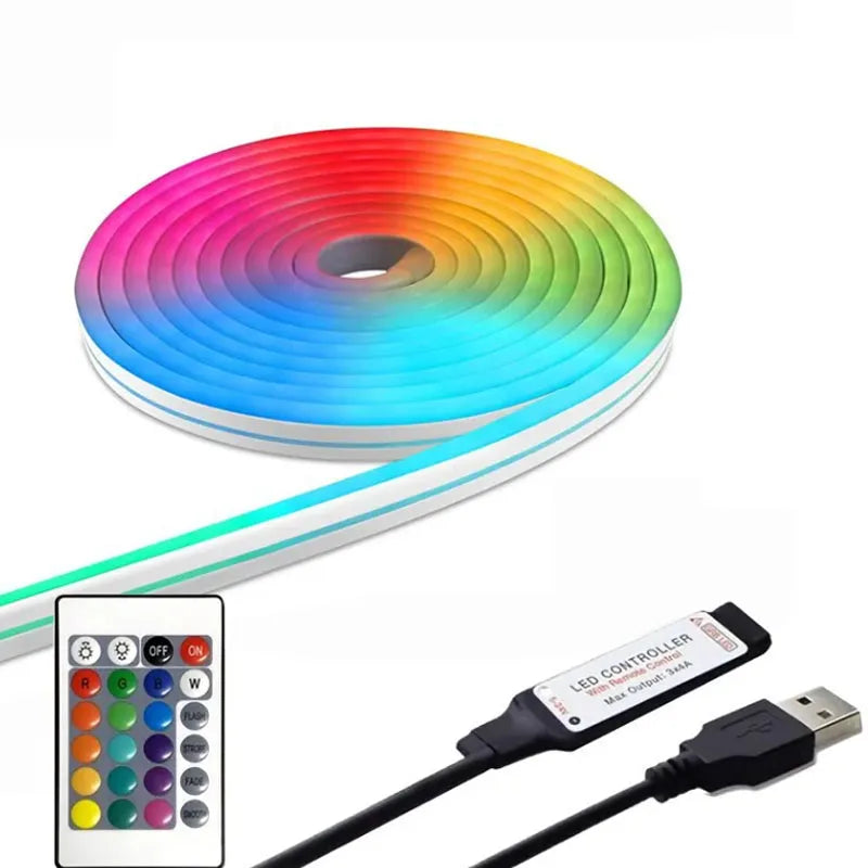 LED Neon Strip Lights 5V USB Powered Music Sync 24-Key Remote Waterproof