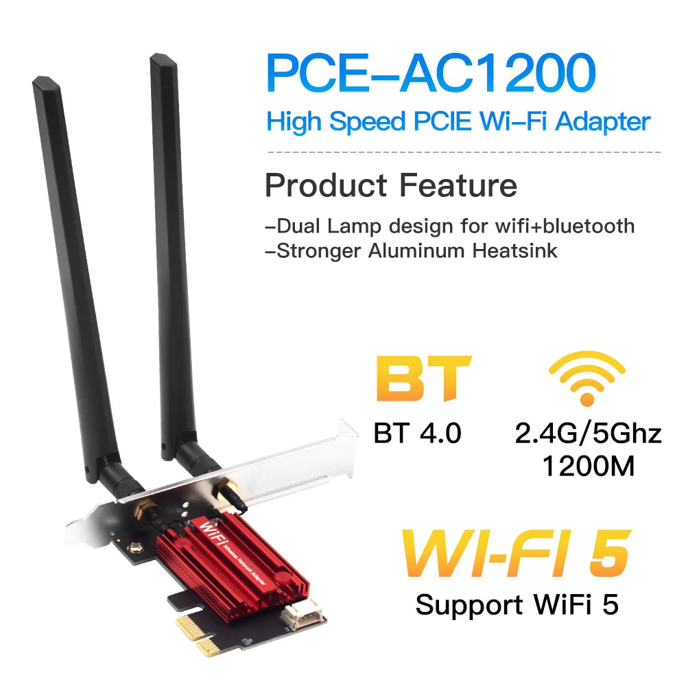 WiFi 5 PCI-E Wireless Adapter AC1200 Dual Band Bluetooth 4.0 Desktop Card