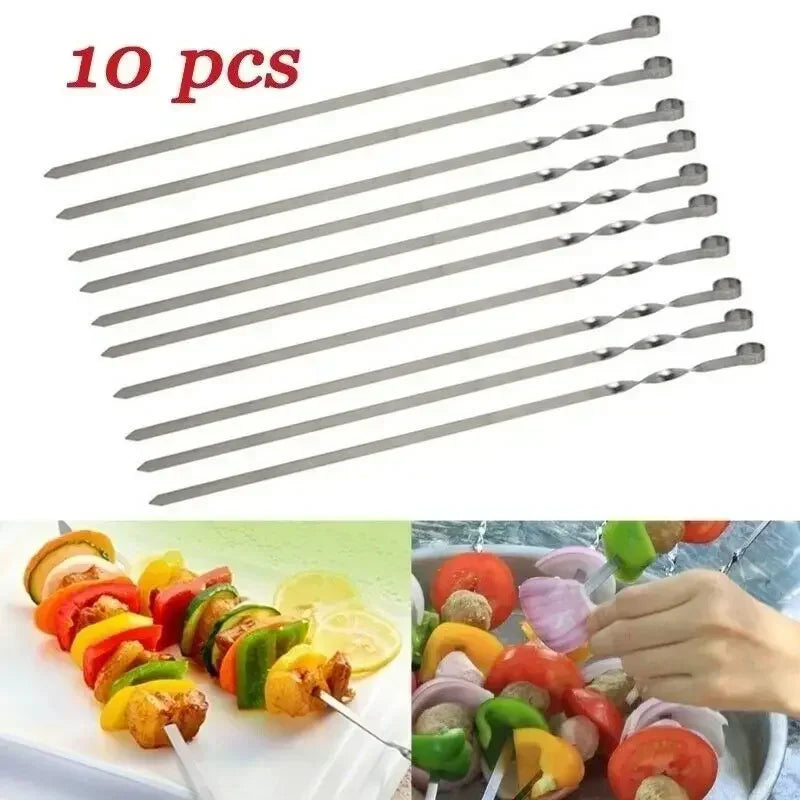 BBQ Skewers Stainless Steel 38cm Flat Kebab Sticks Set of 10 Barbecue