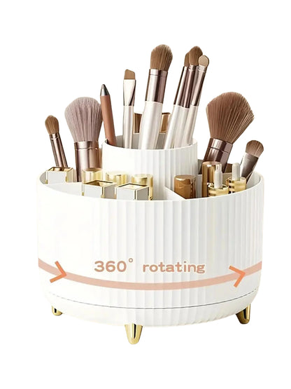 360° Rotating Makeup Organiser - 5 Compartment Plastic Cosmetic & Brush Storage