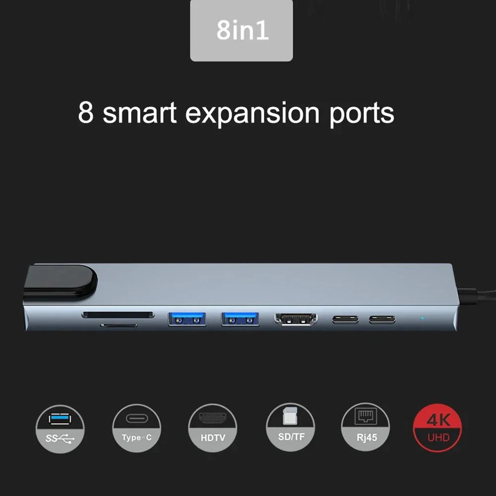 USB C Hub 8-in-1 Docking Station HDMI 4K Ethernet PD 100W Adapter
