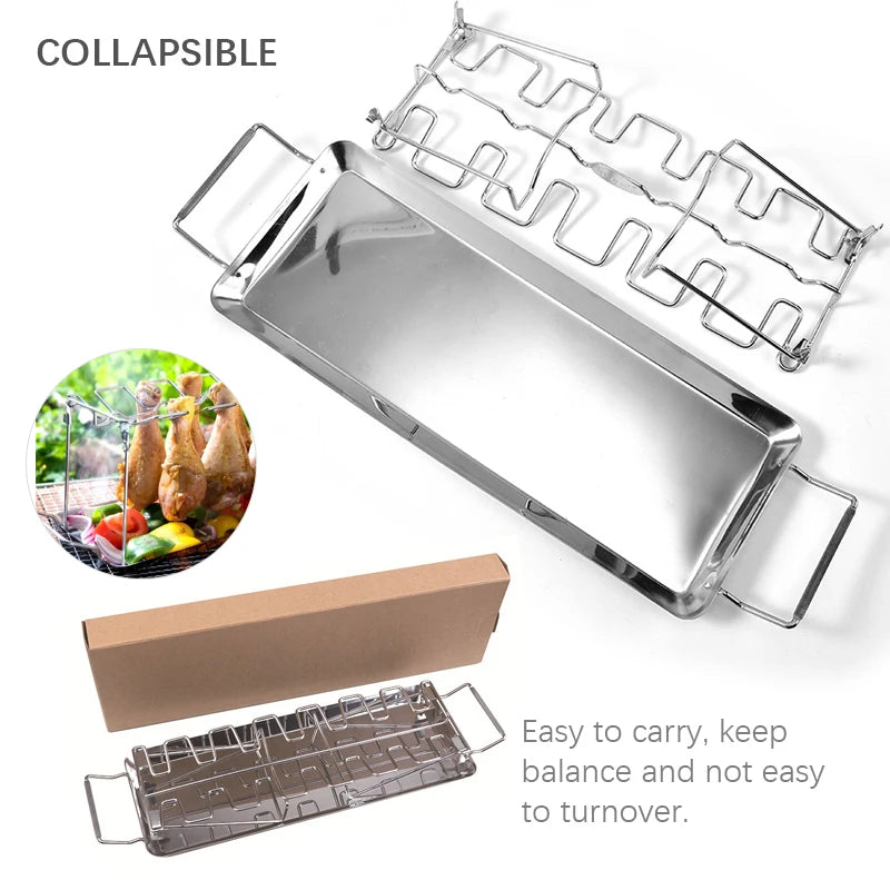 BBQ Chicken Leg Rack 14 Slot Stainless Steel Grill Stand with Drip Pan