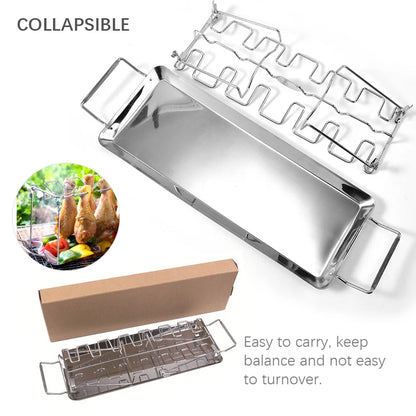 BBQ Chicken Leg Rack 14 Slot Stainless Steel Grill Stand with Drip Pan