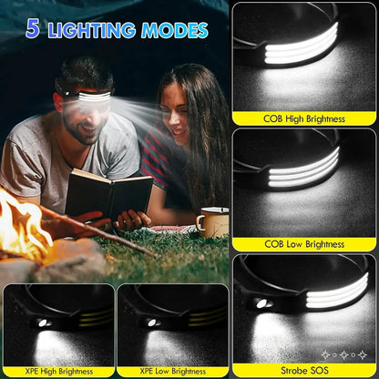 COB LED Headlamp Rechargeable Motion Sensor 230° Wide Beam Torch Light