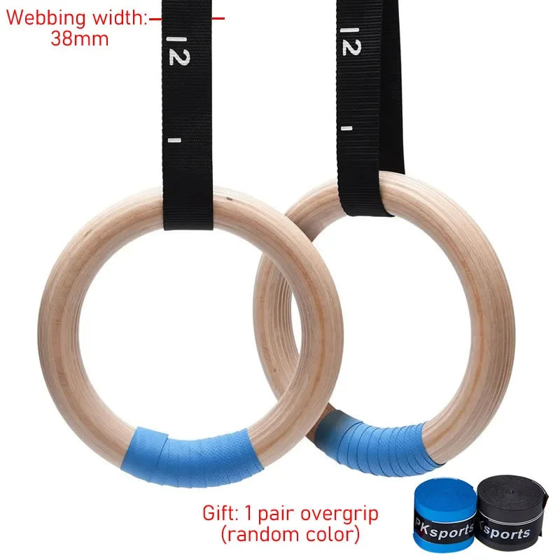 Wooden Gymnastics Rings 28mm 32mm Adjustable Straps Home Gym Fitness