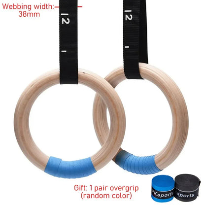 Wooden Gymnastics Rings 28mm 32mm Adjustable Straps Home Gym Fitness