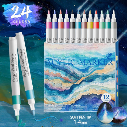 Acrylic Marker Pens 12/24 Colours Soft Tip Waterproof Art Graffiti Set