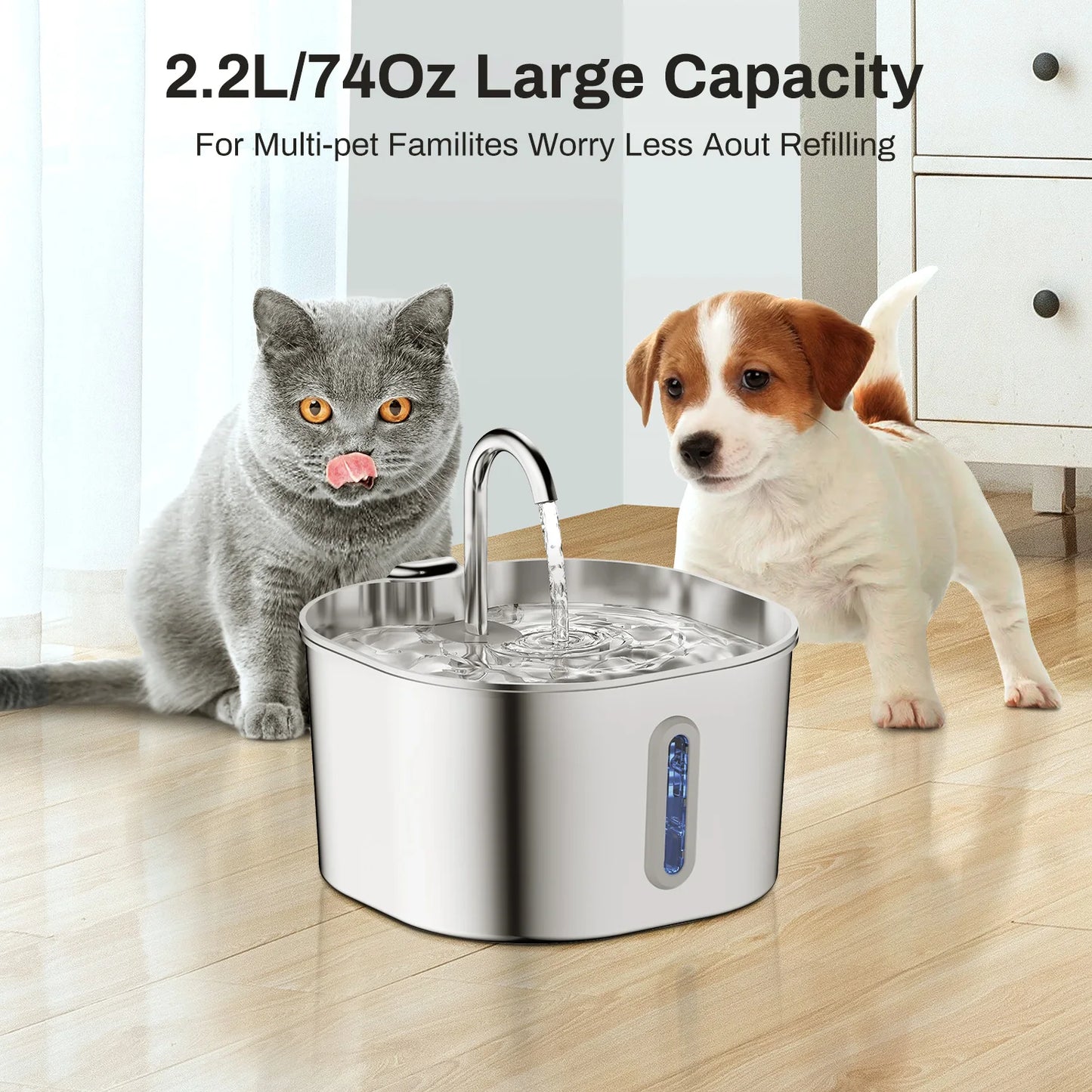 Automatic Cat Water Fountain 2.2L Stainless Steel Pet Drinking Dispenser