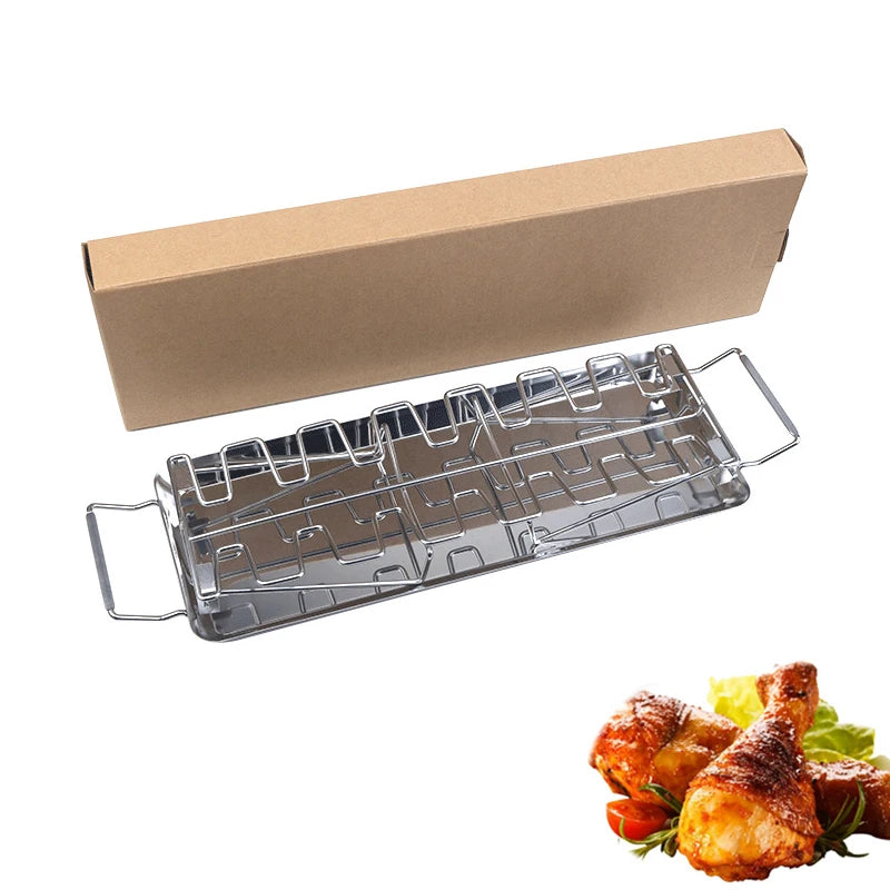 BBQ Chicken Leg Rack 14 Slot Stainless Steel Grill Stand with Drip Pan