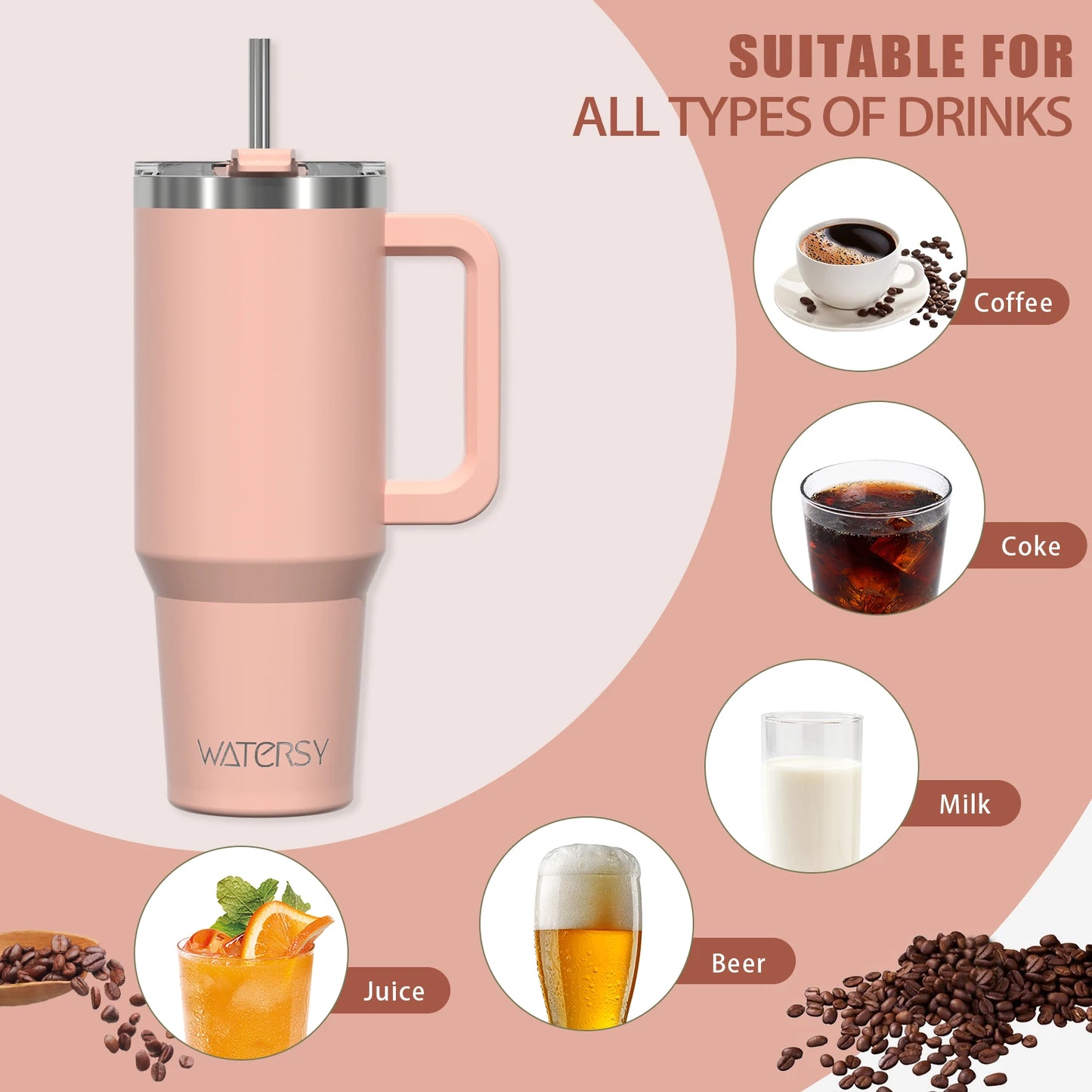 Insulated Tumbler with Handle & Straw 20oz 30oz 40oz Stainless Steel