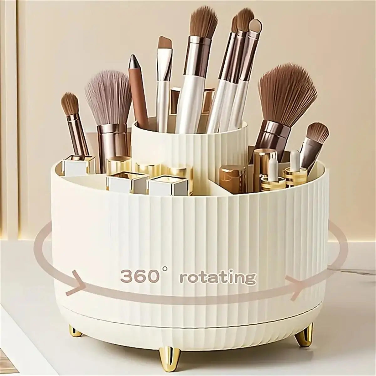 360° Rotating Makeup Organiser - 5 Compartment Plastic Cosmetic & Brush Storage