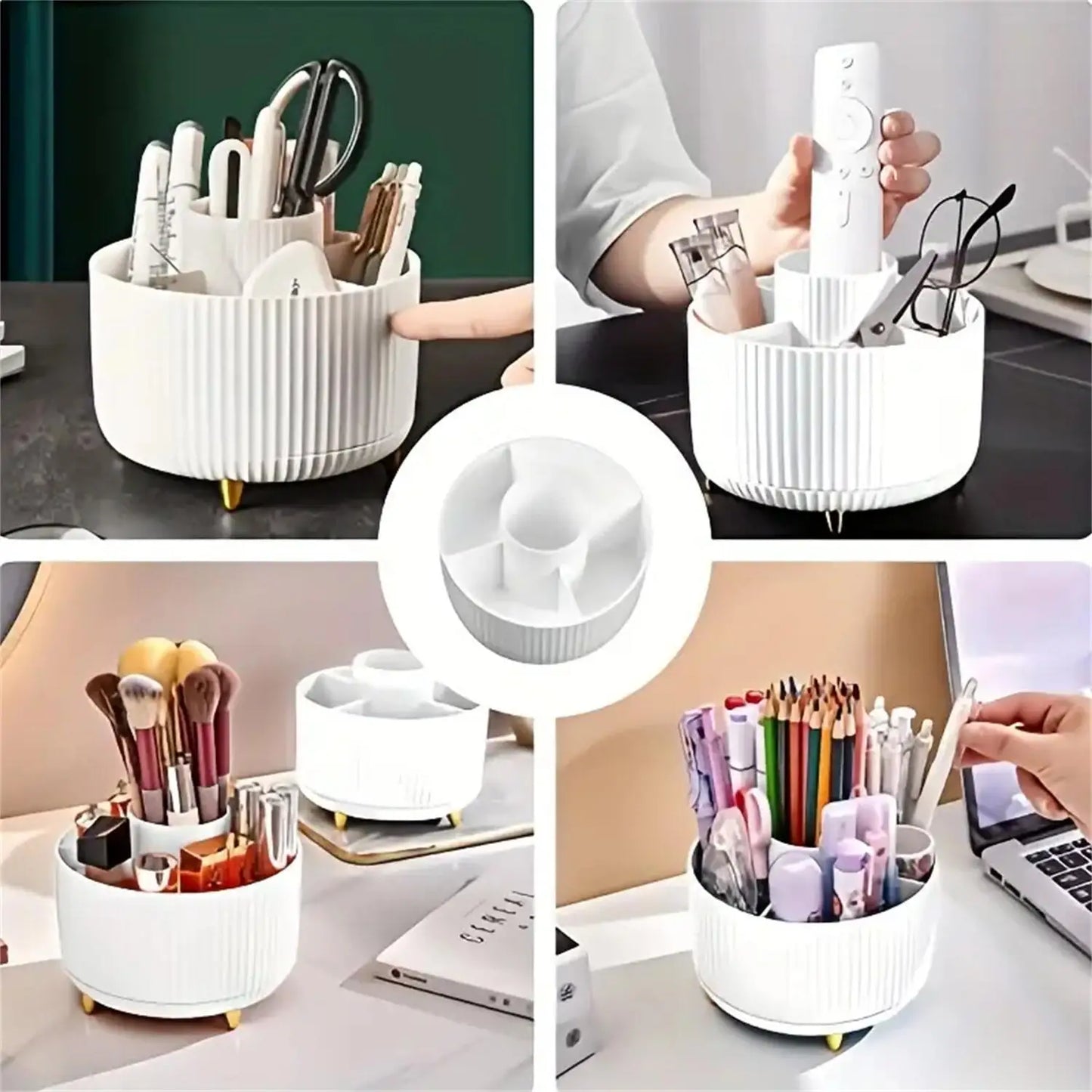 360° Rotating Makeup Organiser - 5 Compartment Plastic Cosmetic & Brush Storage