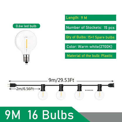 Outdoor LED String Lights G40 Globe 9M 14M 26M Warm White Waterproof
