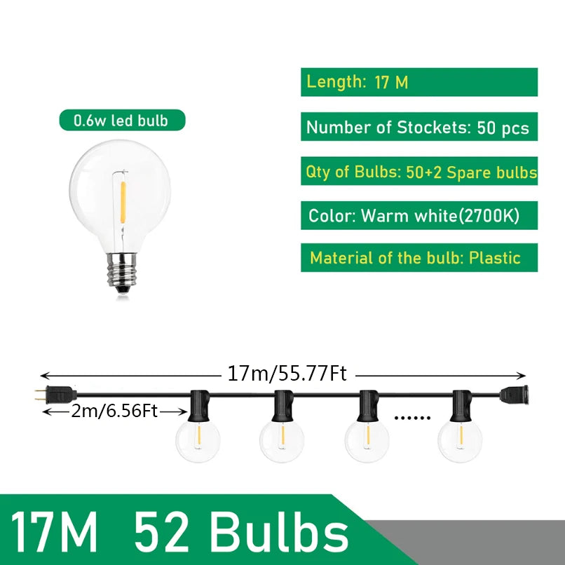 Outdoor LED String Lights G40 Globe 9M 14M 26M Warm White Waterproof