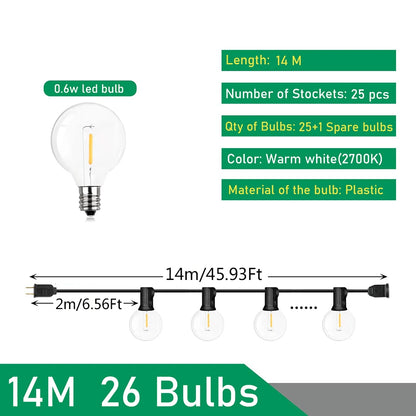 Outdoor LED String Lights G40 Globe 9M 14M 26M Warm White Waterproof