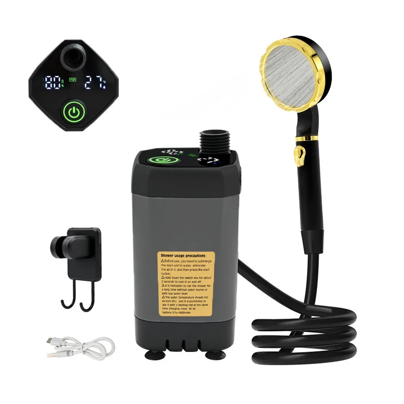 Portable Camping Shower Pump with Digital Display | 6000mAh Battery, Adjustable Flow