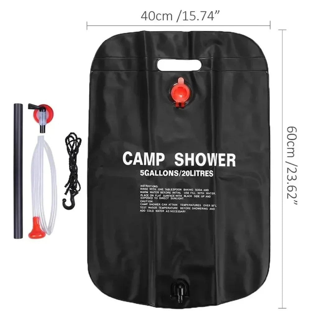 20L Solar Shower Bag Portable Camping Outdoor Heated Water Bath Black PVC