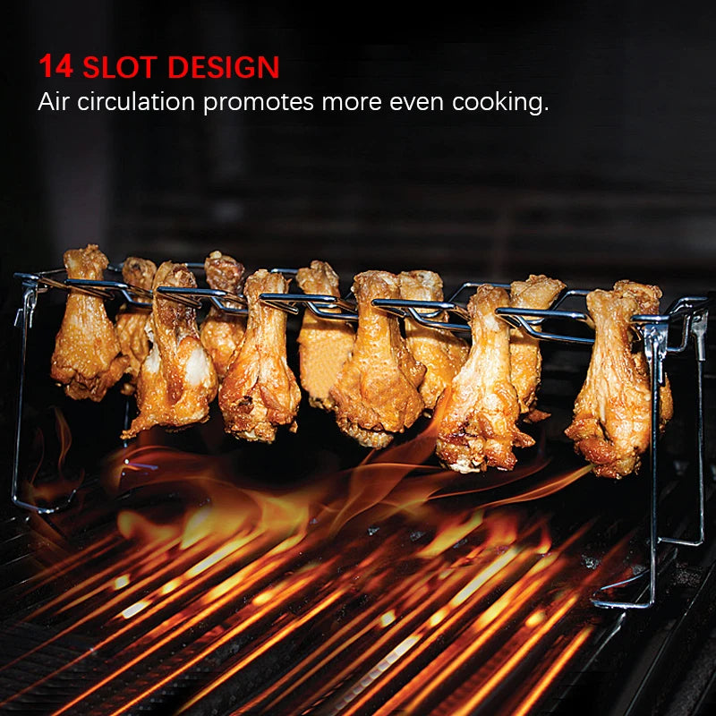 BBQ Chicken Leg Rack 14 Slot Stainless Steel Grill Stand with Drip Pan