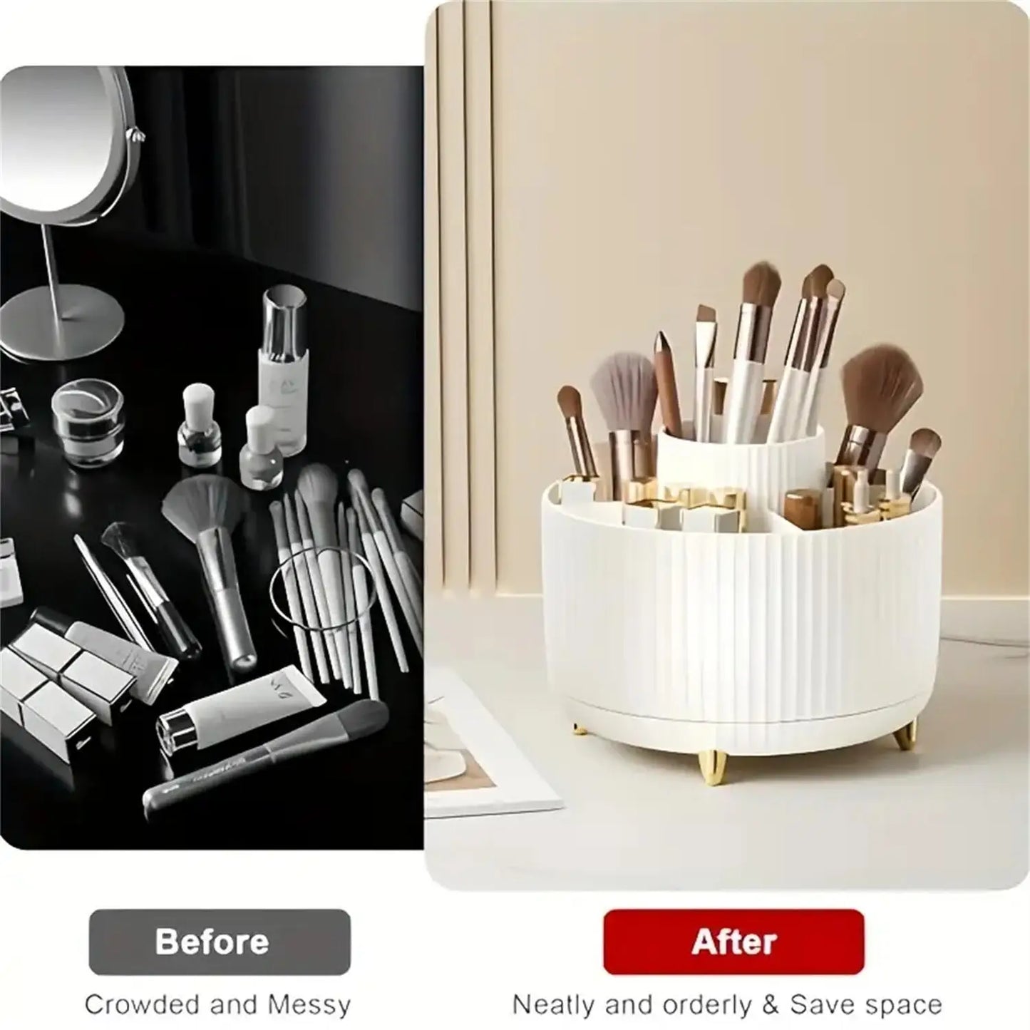 360° Rotating Makeup Organiser - 5 Compartment Plastic Cosmetic & Brush Storage