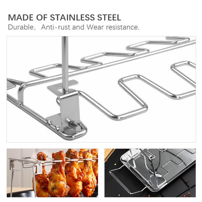 BBQ Chicken Leg Rack 14 Slot Stainless Steel Grill Stand with Drip Pan