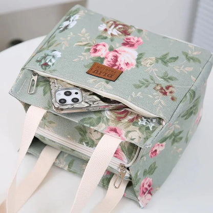 Insulated Lunch Bag Floral Print Large Capacity Thermal Cooler Picnic