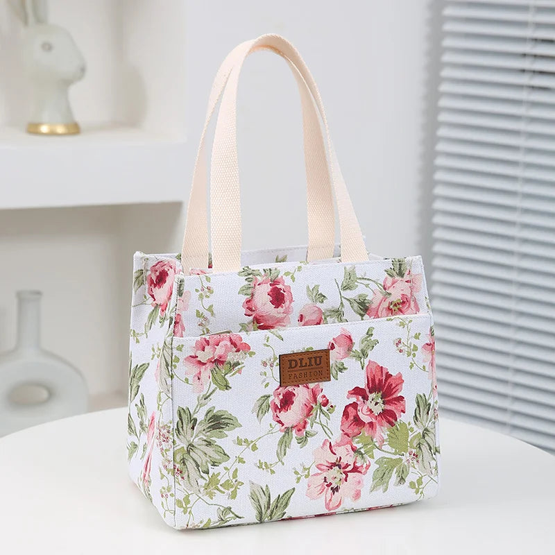 Insulated Lunch Bag Floral Print Large Capacity Thermal Cooler Picnic