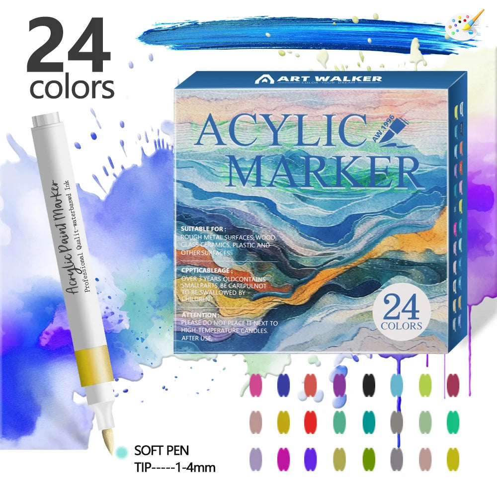 Acrylic Marker Pens 12/24 Colours Soft Tip Waterproof Art Graffiti Set