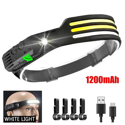 COB LED Headlamp Rechargeable Motion Sensor 230° Wide Beam Torch Light