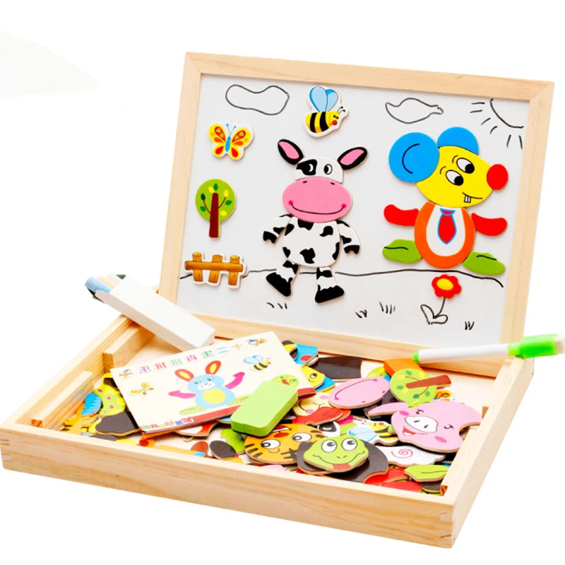 Wooden Magnetic Drawing Board Puzzle 100+ Cards Educational Toy Kids 3+