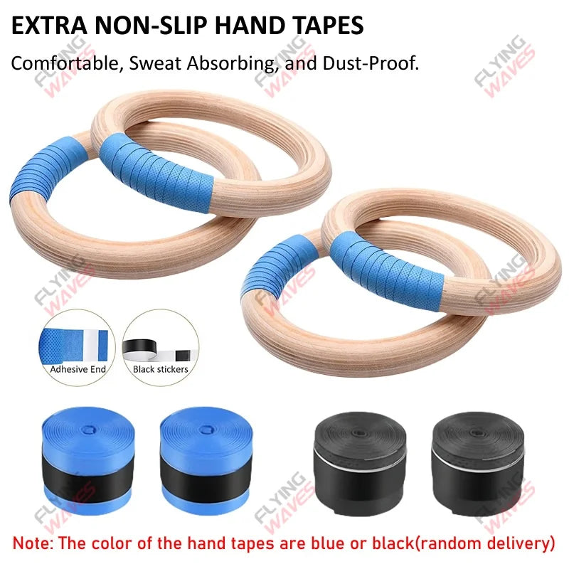 Wooden Gymnastics Rings 28mm 32mm Adjustable Straps Home Gym Fitness