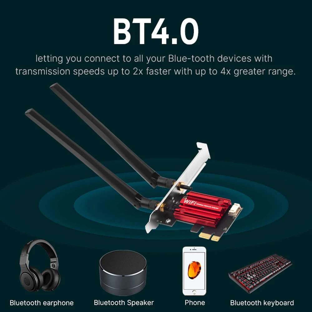 WiFi 5 PCI-E Wireless Adapter AC1200 Dual Band Bluetooth 4.0 Desktop Card