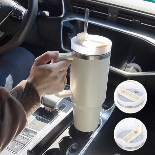 1.2L Insulated Tumbler with Handle & Straw - Stainless Steel Travel Mug