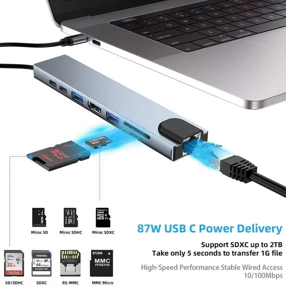 USB C Hub 8-in-1 Docking Station HDMI 4K Ethernet PD 100W Adapter