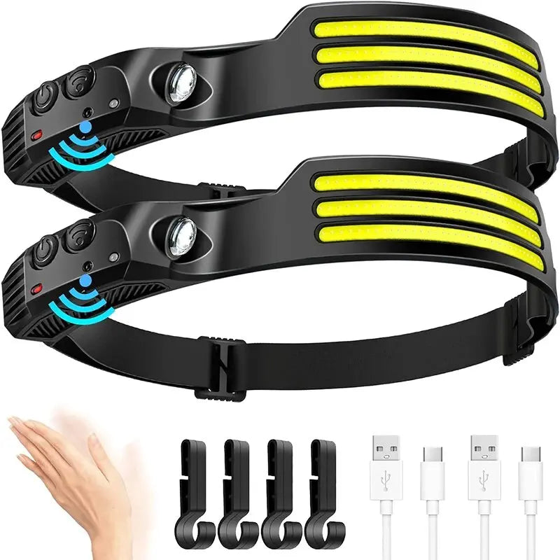 COB LED Headlamp Rechargeable Motion Sensor 230° Wide Beam Torch Light
