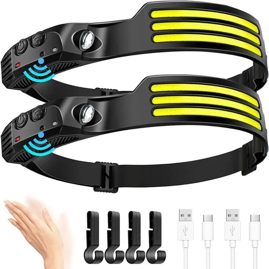 COB LED Headlamp Rechargeable Motion Sensor 230° Wide Beam Torch Light