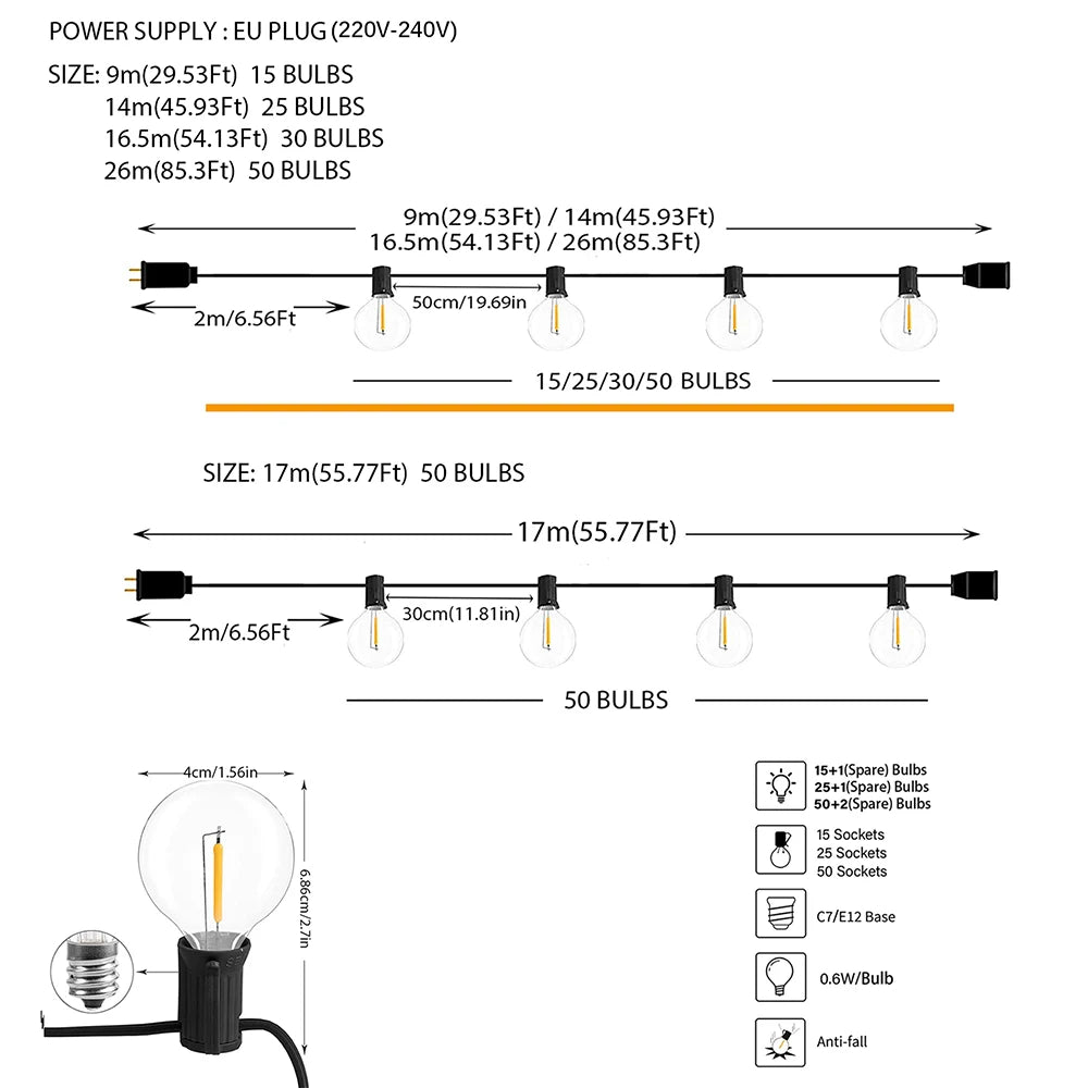 Outdoor LED String Lights G40 Globe 9M 14M 26M Warm White Waterproof