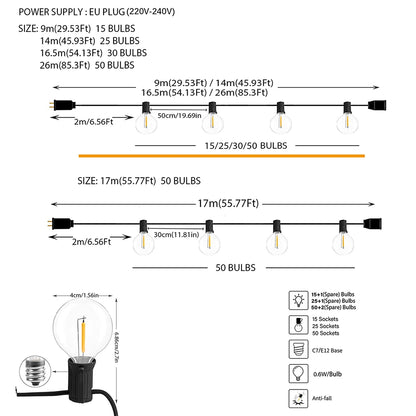 Outdoor LED String Lights G40 Globe 9M 14M 26M Warm White Waterproof